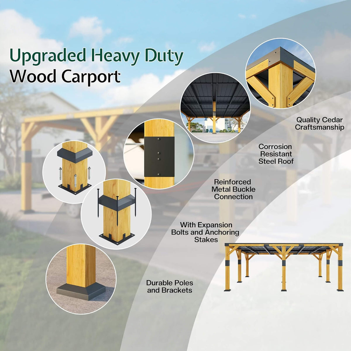 20×20FT Heavy‑Duty All‑Weather Outdoor Cedar Wood Gazebo With Galvanized Steel Roof (SAK76145)
