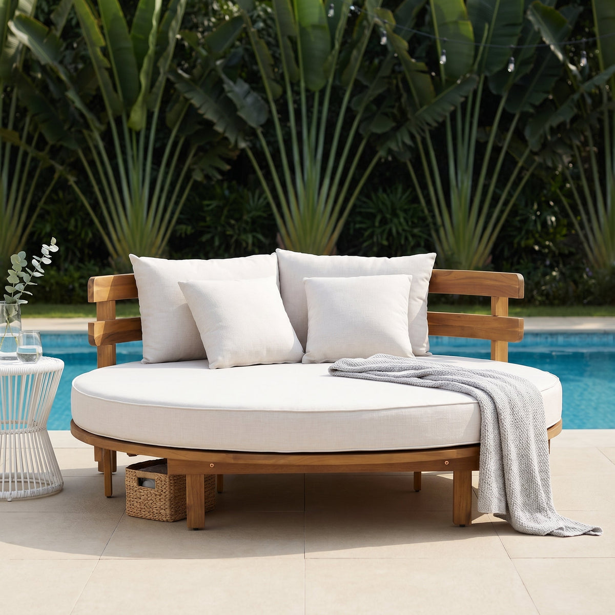 Luxury Outdoor Acacia Wood Round Daybed With Cushions and Pillows (SAK40613)