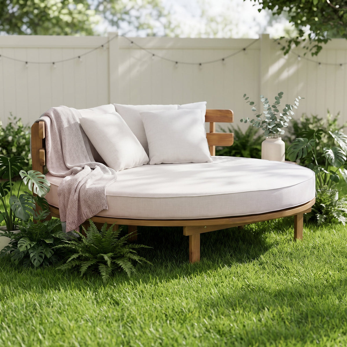 Luxury Outdoor Acacia Wood Round Daybed With Cushions and Pillows (SAK40613)