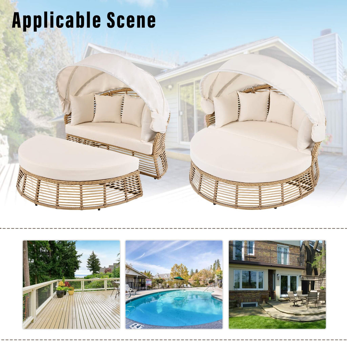 53‑Inch Outdoor Patio Rattan Round Wicker Daybed With Retractable Canopy (SAK69241)