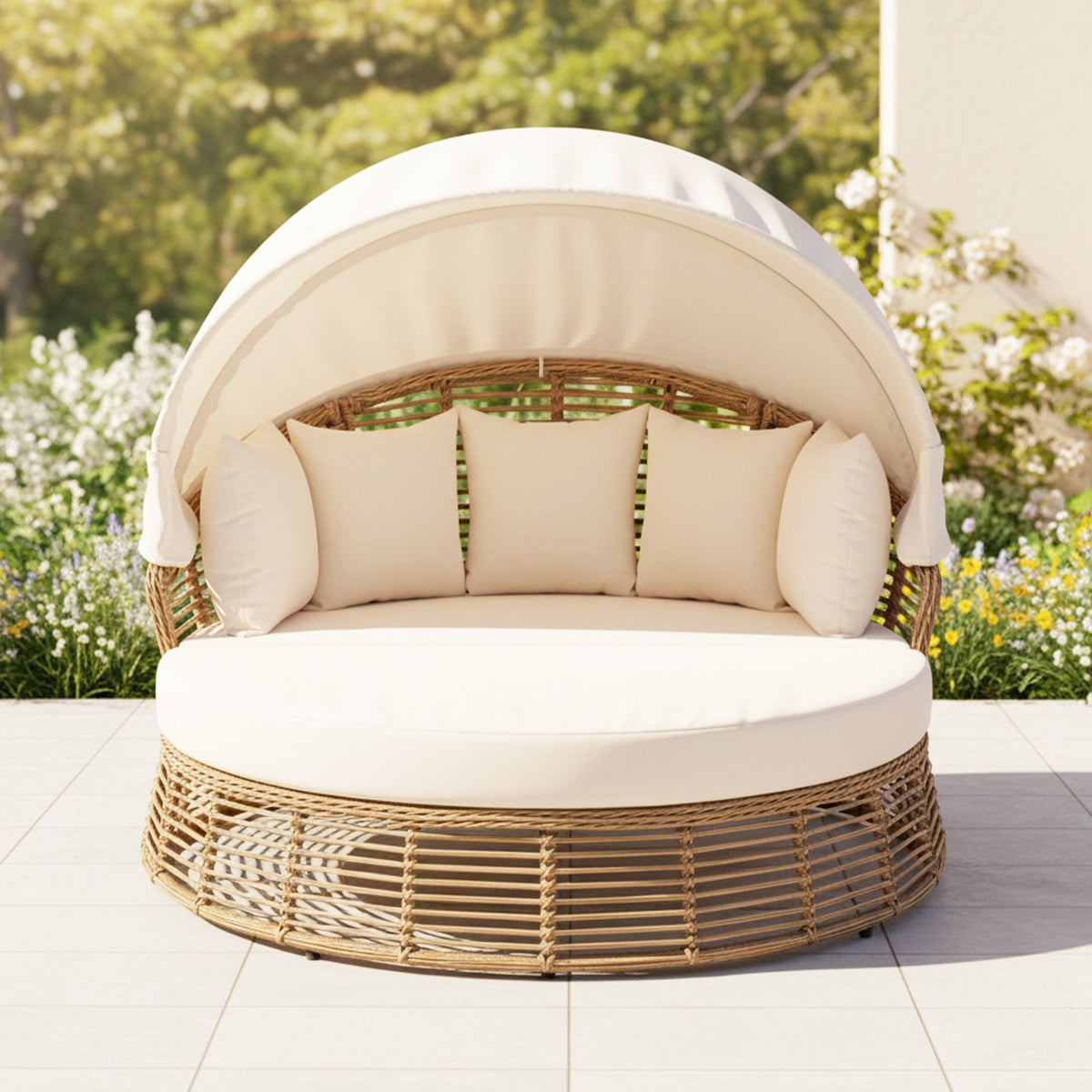 53‑Inch Outdoor Patio Rattan Round Wicker Daybed With Retractable Canopy (SAK69241)