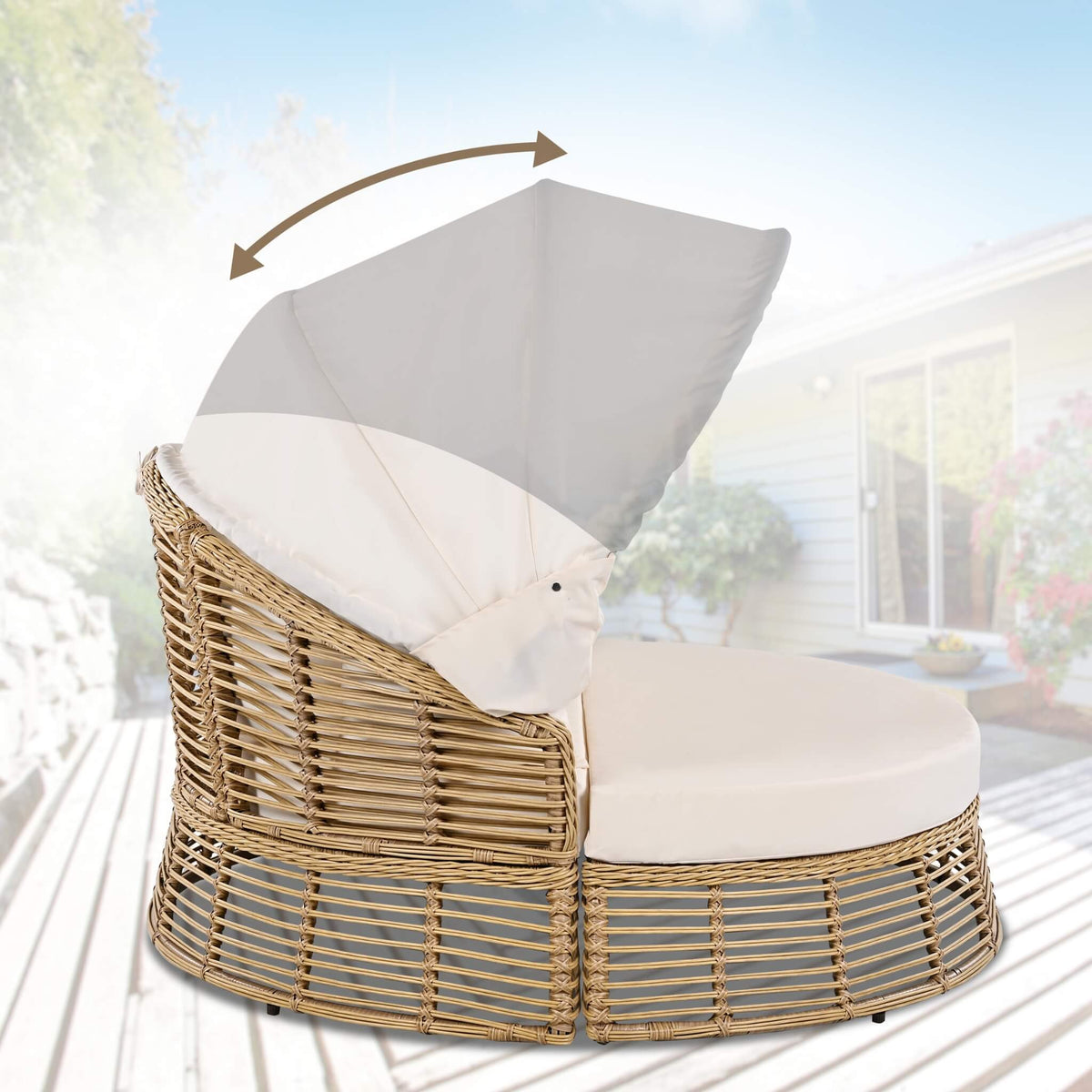 53‑Inch Outdoor Patio Rattan Round Wicker Daybed With Retractable Canopy (SAK69241)
