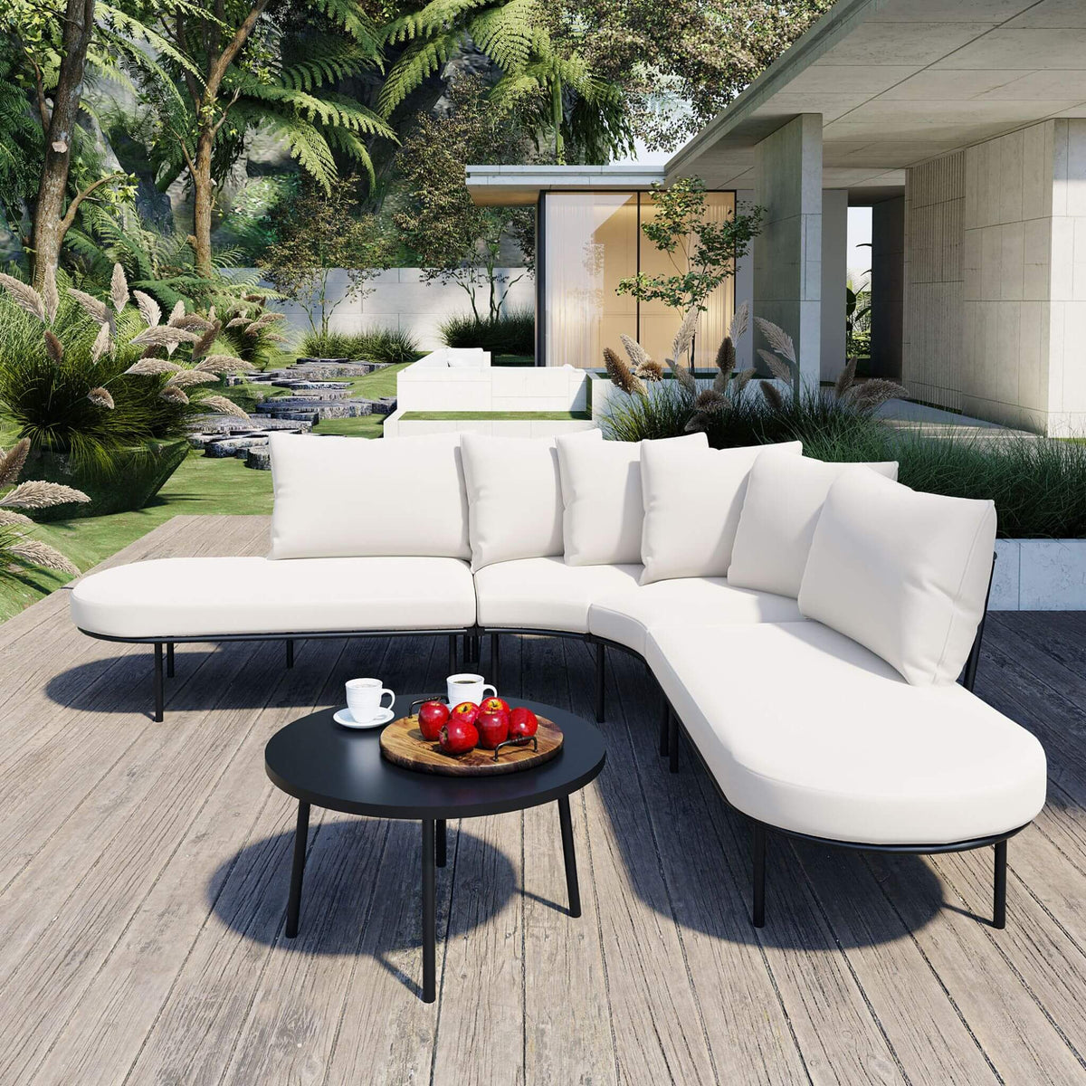 Premium Half‑Moon 6‑Person Curved All‑Weather Outdoor Furniture Sofa Patio Set With Coffee Table and Cushions (SAK76332)