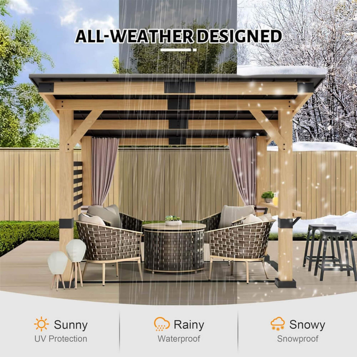 [10X12FT] Alora Heavy‑Duty Premium Outdoor Cedar Hardtop Gazebo With Metal Roof & Back Curtains (SAK57184)