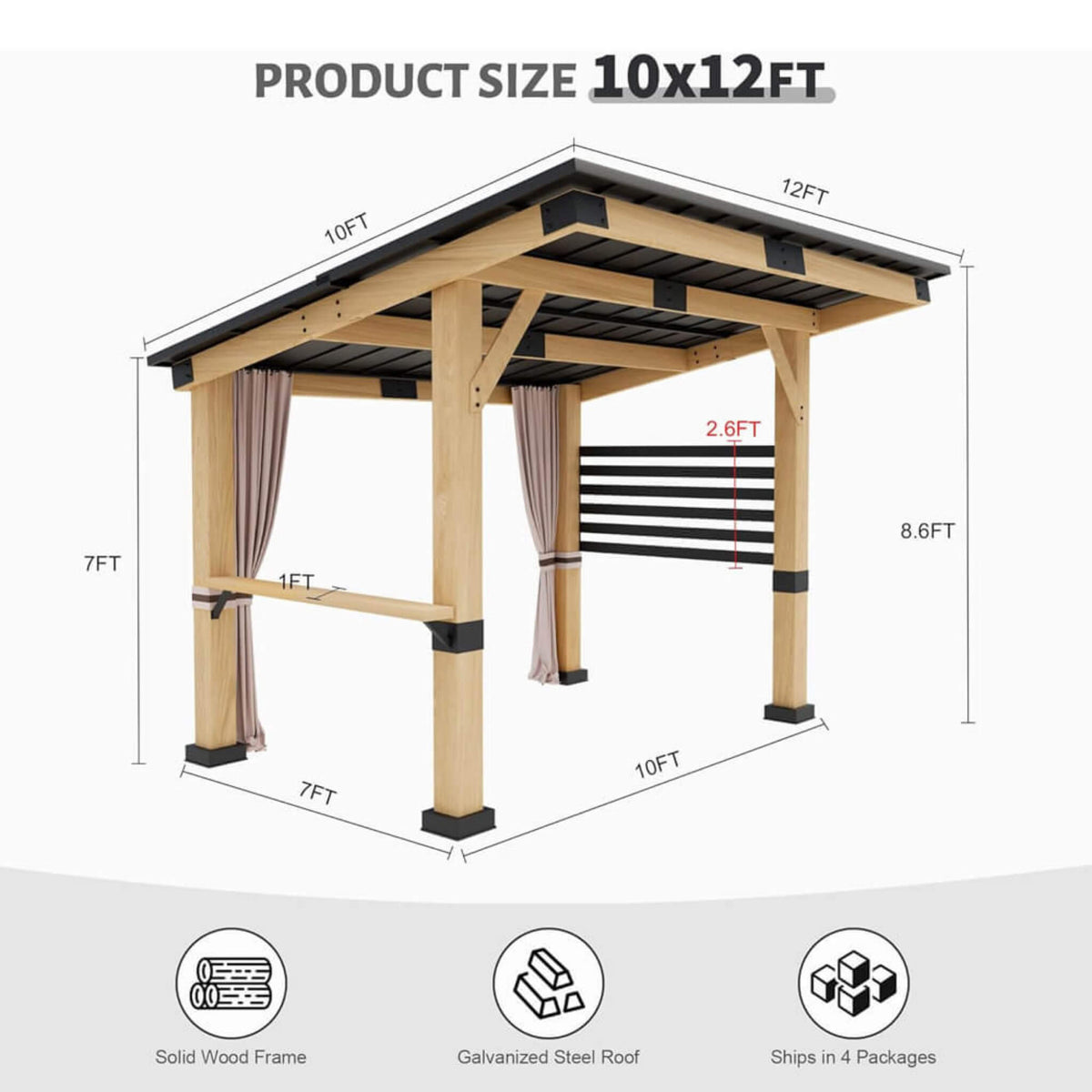[10X12FT] Alora Heavy‑Duty Premium Outdoor Cedar Hardtop Gazebo With Metal Roof & Back Curtains (SAK57184)