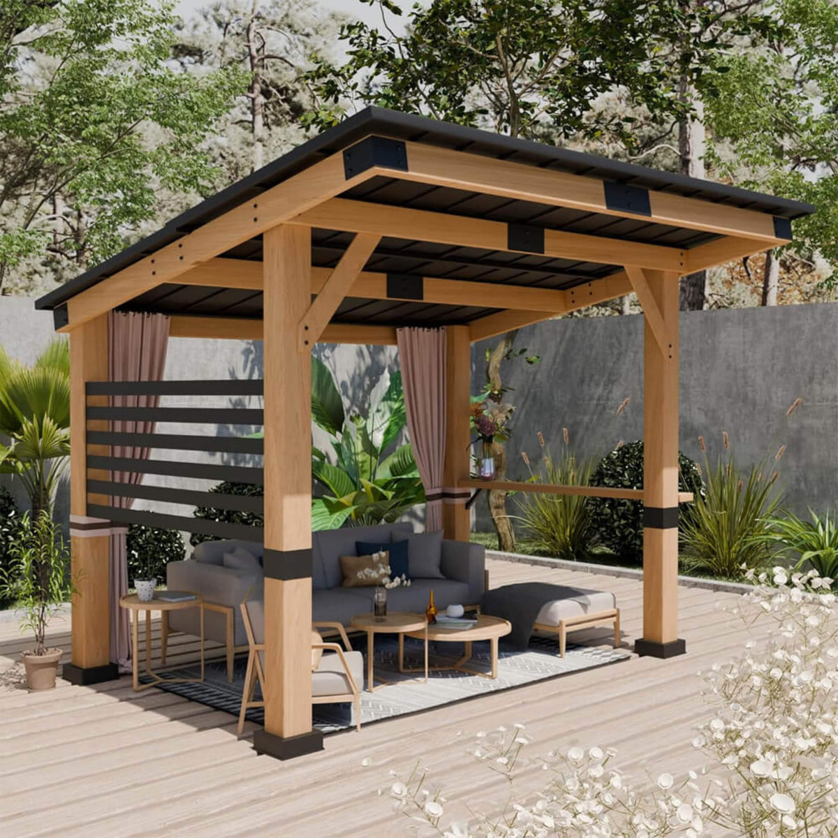 [10X12FT] Alora Heavy‑Duty Premium Outdoor Cedar Hardtop Gazebo With Metal Roof & Back Curtains (SAK57184)