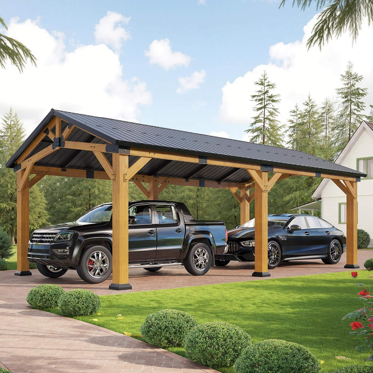 [12×24FT] Large Heavy‑Duty Outdoor Cedar Wood Hardtop Gazebo With Galvanized Steel Roof (SAK48392)
