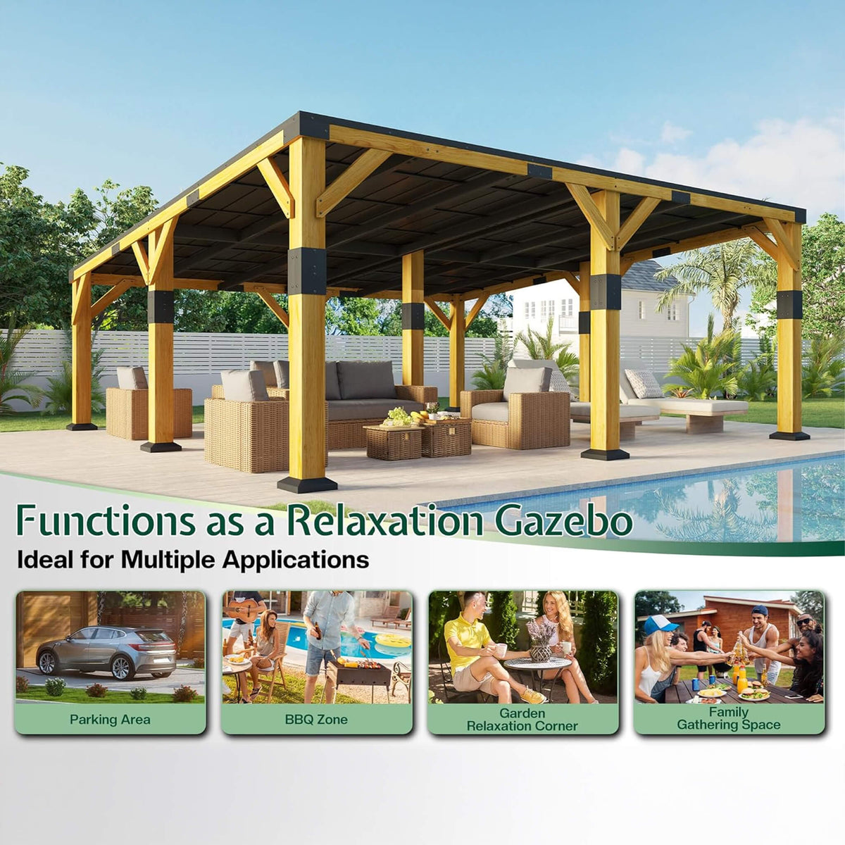 20×20FT Heavy‑Duty All‑Weather Outdoor Cedar Wood Gazebo With Galvanized Steel Roof (SAK76145)
