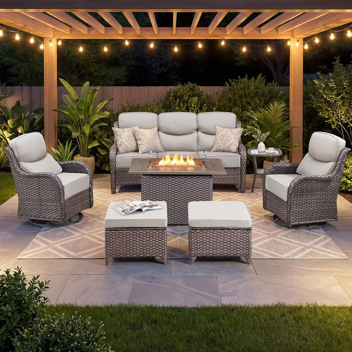 Luxury 7‑Piece Outdoor Patio Furniture Set With Fire Pit Table (SAK57391)