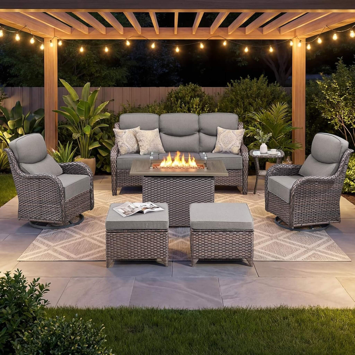 Luxury 7‑Piece Outdoor Patio Furniture Set With Fire Pit Table (SAK57391)