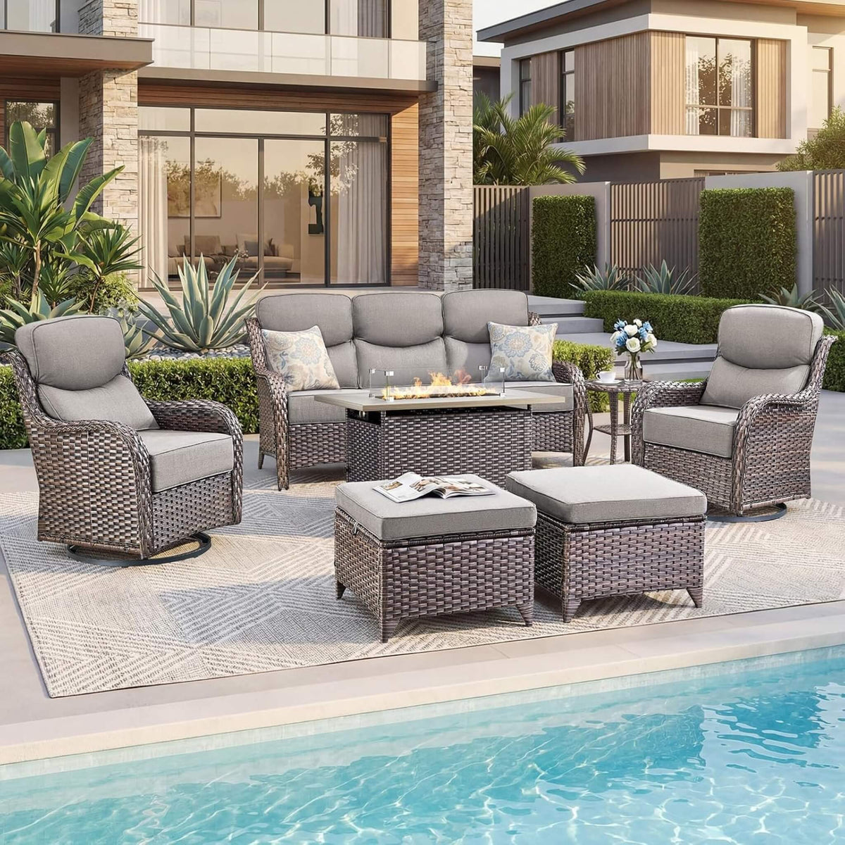 Luxury 7‑Piece Outdoor Patio Furniture Set With Fire Pit Table (SAK57391)