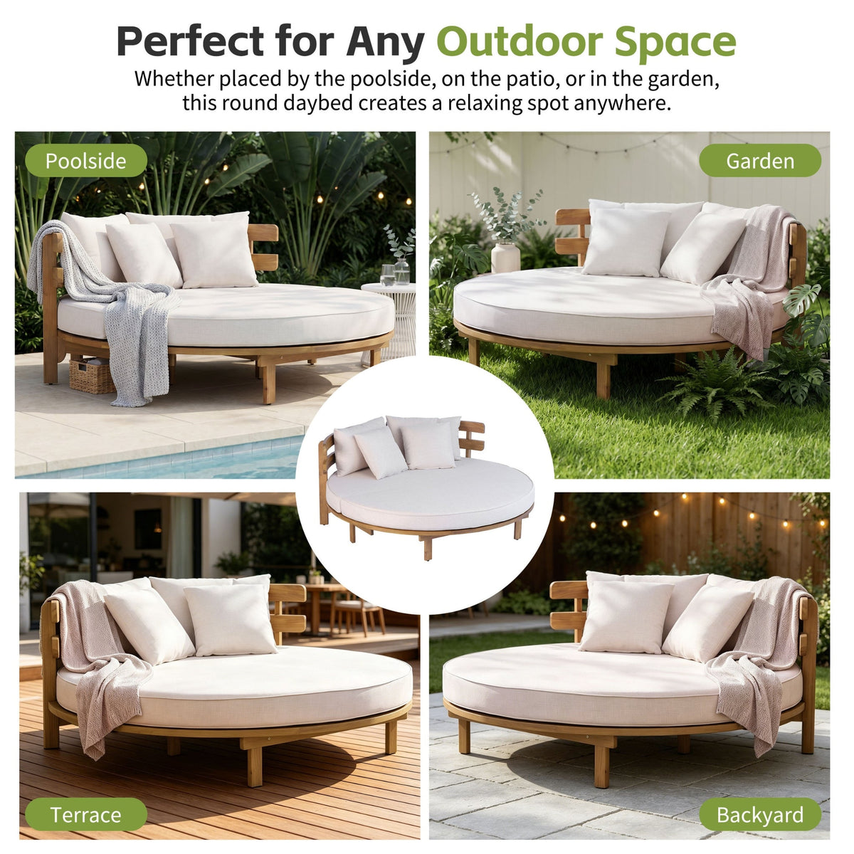 Luxury Outdoor Acacia Wood Round Daybed With Cushions and Pillows (SAK40613)