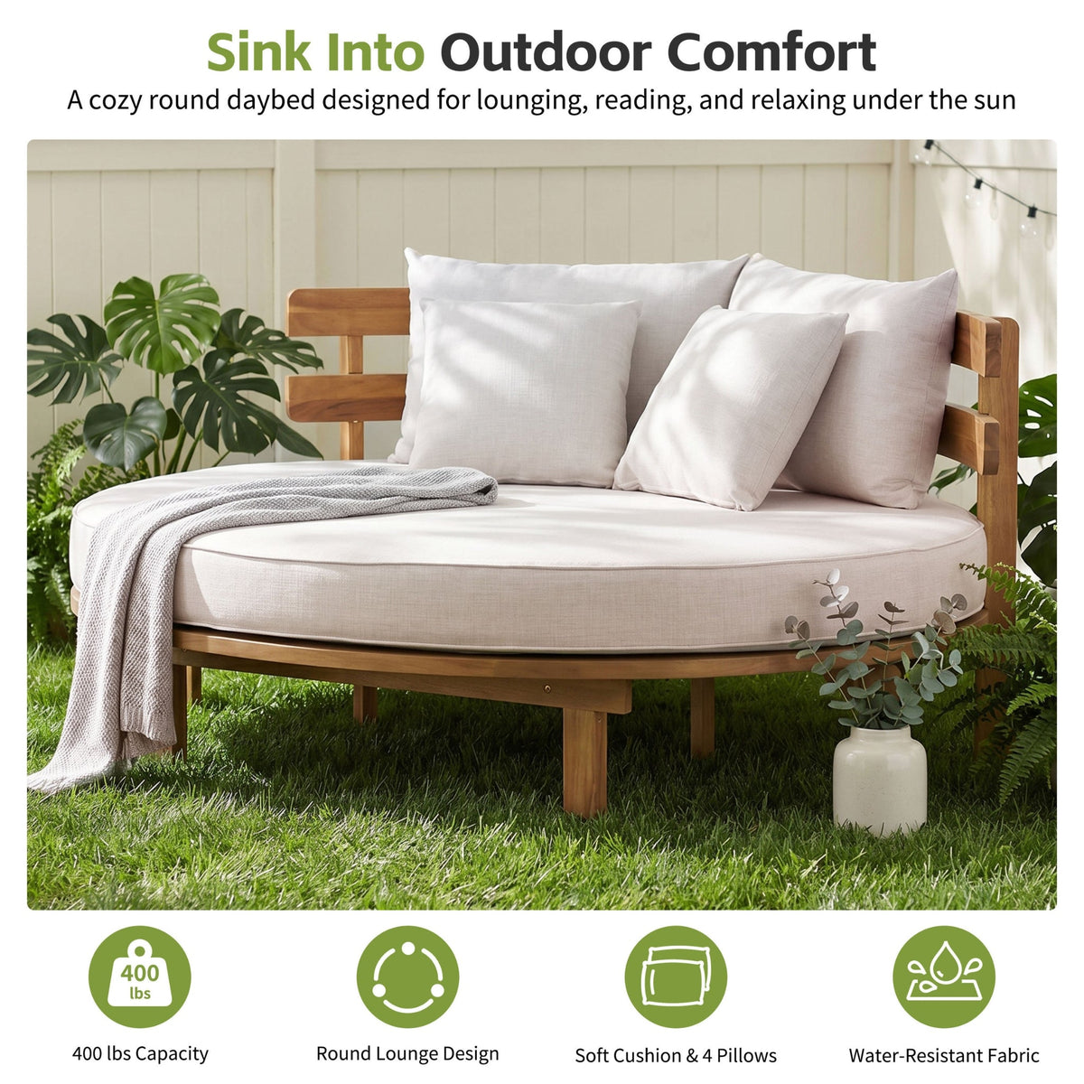 Luxury Outdoor Acacia Wood Round Daybed With Cushions and Pillows (SAK40613)