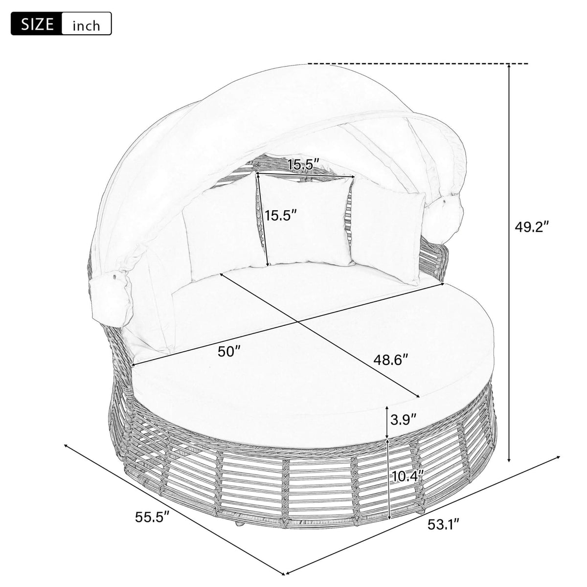 53‑Inch Outdoor Patio Rattan Round Wicker Daybed With Retractable Canopy (SAK69241)