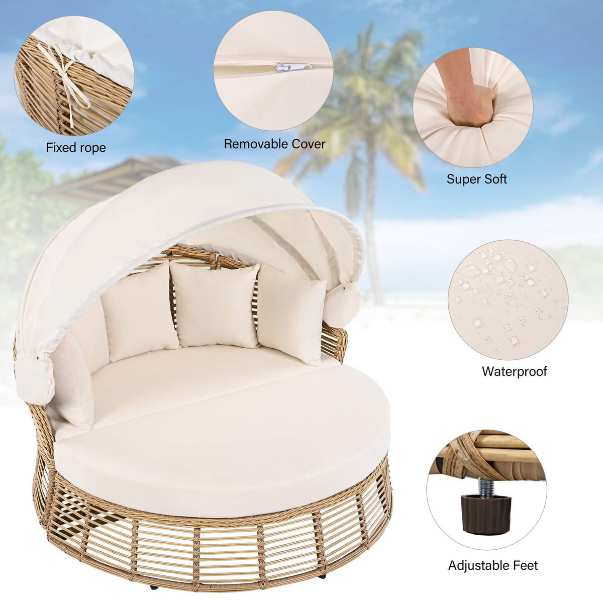 53‑Inch Outdoor Patio Rattan Round Wicker Daybed With Retractable Canopy (SAK69241)