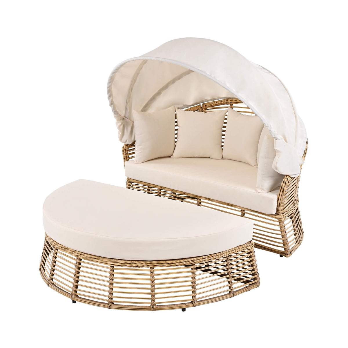 53‑Inch Outdoor Patio Rattan Round Wicker Daybed With Retractable Canopy (SAK69241)