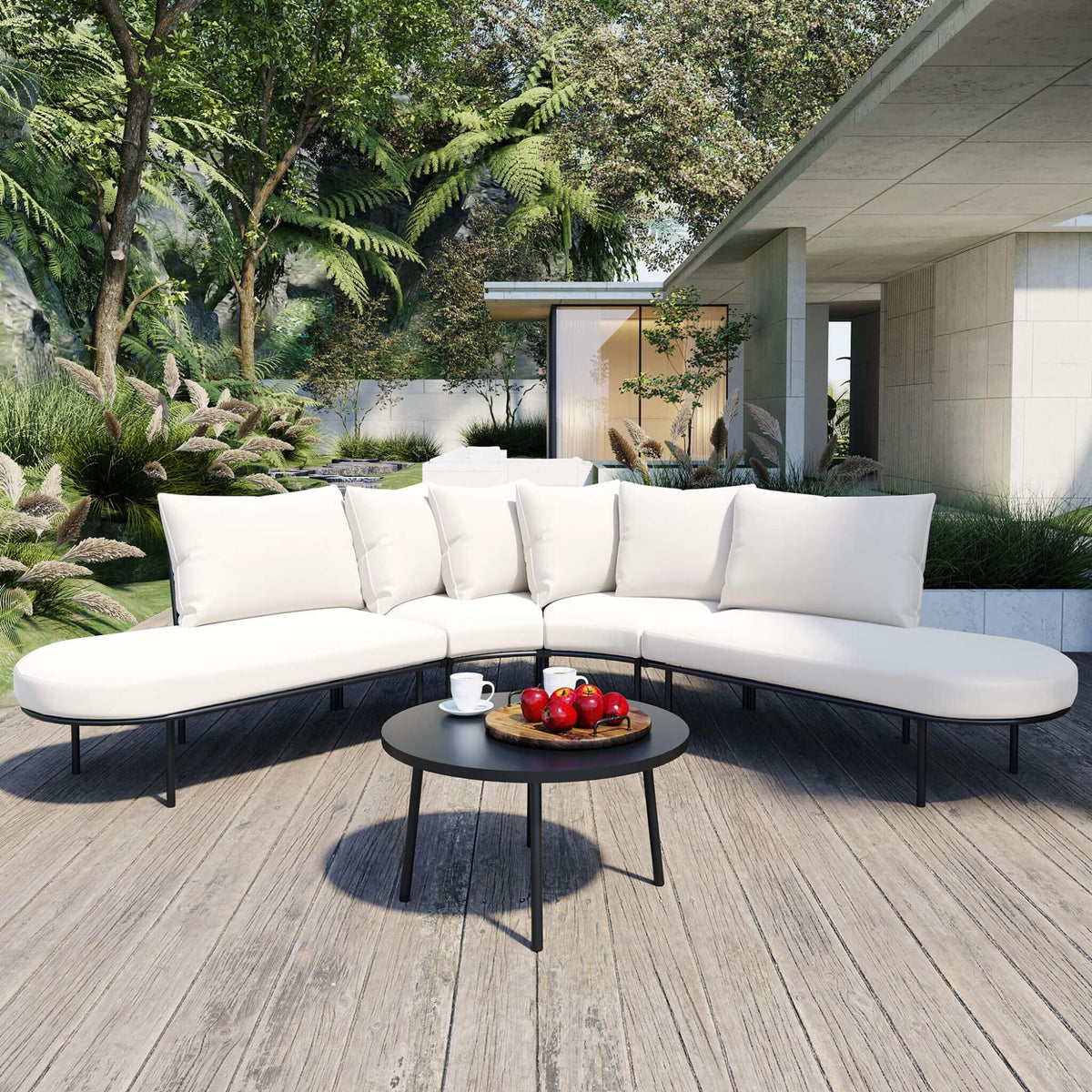Premium Half‑Moon 6‑Person Curved All‑Weather Outdoor Furniture Sofa Patio Set With Coffee Table and Cushions (SAK76332)
