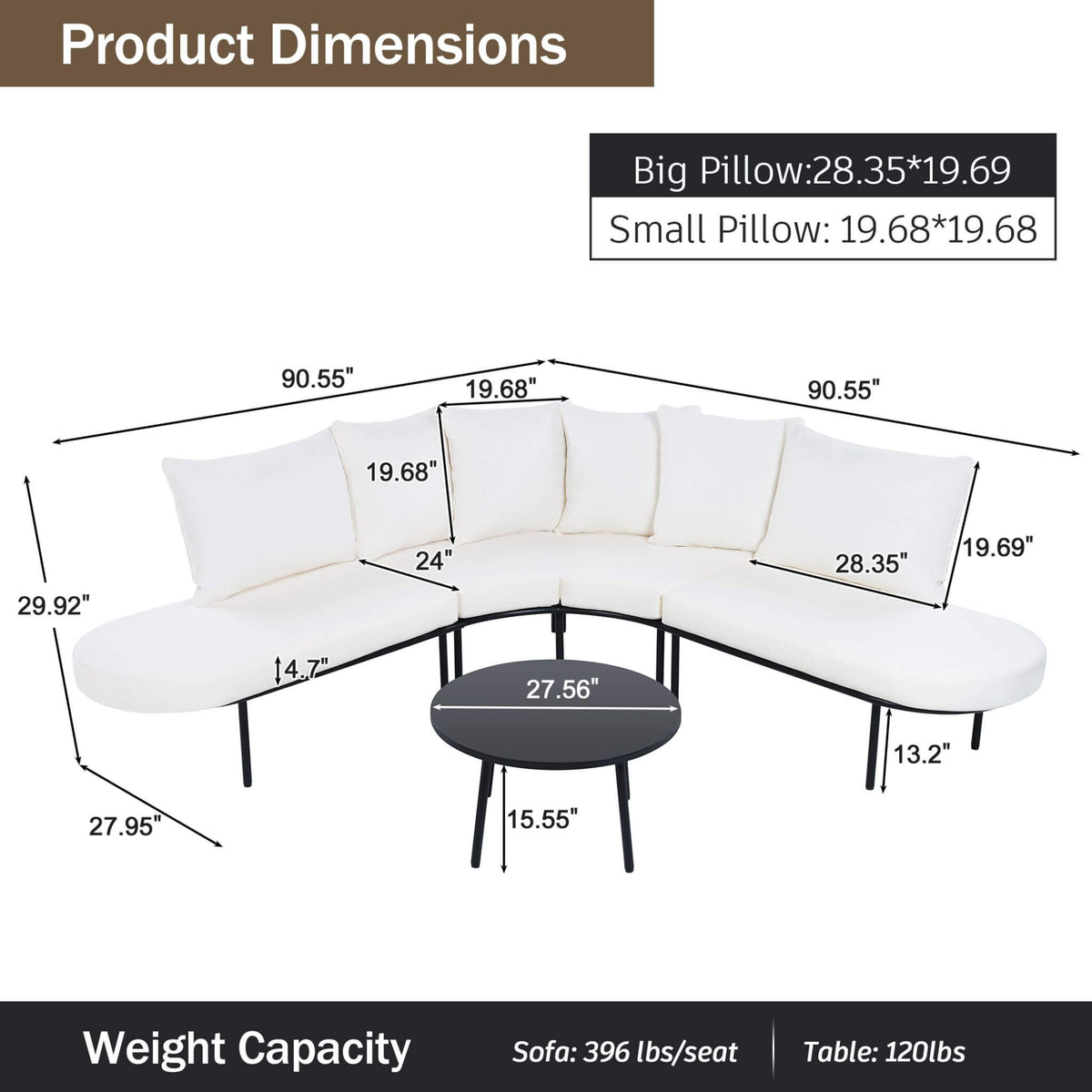 Premium Half‑Moon 6‑Person Curved All‑Weather Outdoor Furniture Sofa Patio Set With Coffee Table and Cushions (SAK76332)